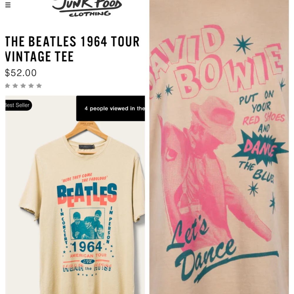 Junk Food Clothing 2 Shirts Unisex Small Bowie Beatles